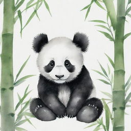 A delicate watercolor painting of a charming baby panda, colored in soft grayscale with black patches, sitting in a verdant bamboo forest.