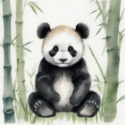 A delicate watercolor painting of a charming baby panda, colored in soft grayscale with black patches, sitting in a verdant bamboo forest.