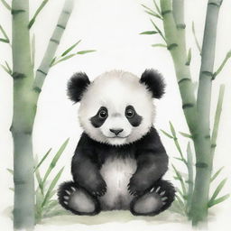 A delicate watercolor painting of a charming baby panda, colored in soft grayscale with black patches, sitting in a verdant bamboo forest.