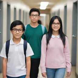 A girl with black hair and skin phototype 3 and a boy with skin phototype 4, wearing glasses, walking through the school corridors as friends.