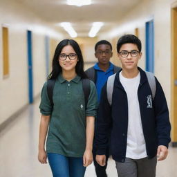 A girl with black hair and skin phototype 3 and a boy with skin phototype 4, wearing glasses, walking through the school corridors as friends.