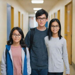 A girl with black hair and skin phototype 3 and a boy with skin phototype 4, wearing glasses, walking through the school corridors as friends.