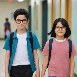 A girl with black hair and skin phototype 3 and a boy with skin phototype 4, wearing glasses, walking through the school corridors as friends.