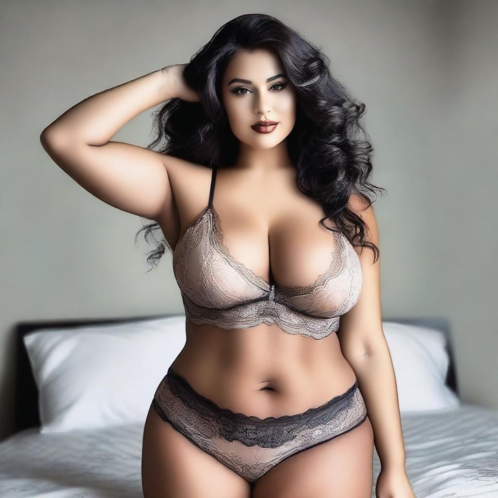 Generate an image of a beautiful curvy woman posing confidently in lingerie