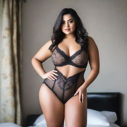 Generate an image of a beautiful curvy woman posing confidently in lingerie