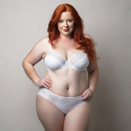 Generate an image of a full body view of a curvy, busty redhead woman wearing white lingerie