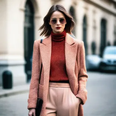 The interplay of different textures and colors in her outfit creates a unique and stylish look.