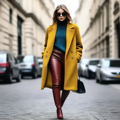 The interplay of different textures and colors in her outfit creates a unique and stylish look.