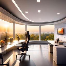 A state-of-the-art, modern office cabin offering sleek furnishings, cutting-edge technology, and expansive windows ushering in abundant natural light.