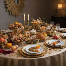 A luxurious feast of finer delicacies, adorned with gold leaf and exotic ingredients, set on a beautifully decorated table