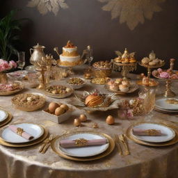 A luxurious feast of finer delicacies, adorned with gold leaf and exotic ingredients, set on a beautifully decorated table