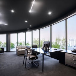 A state-of-the-art, modern office cabin offering sleek furnishings, cutting-edge technology, and expansive windows ushering in abundant natural light.