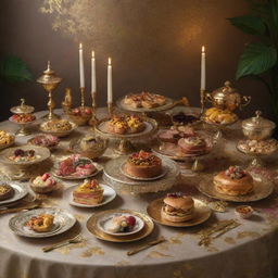 A luxurious feast of finer delicacies, adorned with gold leaf and exotic ingredients, set on a beautifully decorated table