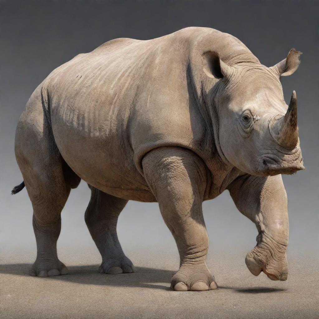 A powerful hybrid creature combining the strength and size of a rhinoceros with the agility and markings of a tiger, exhibiting muscular features.