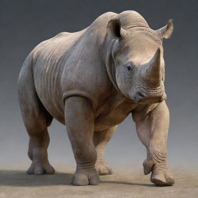 A powerful hybrid creature combining the strength and size of a rhinoceros with the agility and markings of a tiger, exhibiting muscular features.