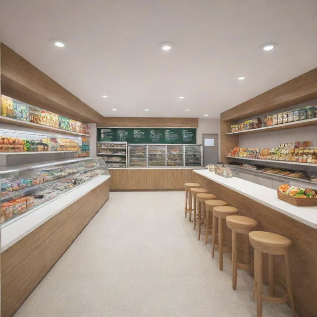 A spacious canteen design inspired by the style and arrangement of 7/11 convenience stores, featuring well-lit interiors, organized shelves with variety of food items, and a welcoming atmosphere.