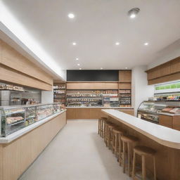 A spacious canteen design inspired by the style and arrangement of 7/11 convenience stores, featuring well-lit interiors, organized shelves with variety of food items, and a welcoming atmosphere.