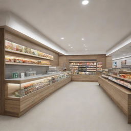 A spacious canteen design inspired by the style and arrangement of 7/11 convenience stores, featuring well-lit interiors, organized shelves with variety of food items, and a welcoming atmosphere.