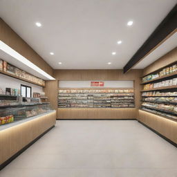 A spacious canteen design inspired by the style and arrangement of 7/11 convenience stores, featuring well-lit interiors, organized shelves with variety of food items, and a welcoming atmosphere.