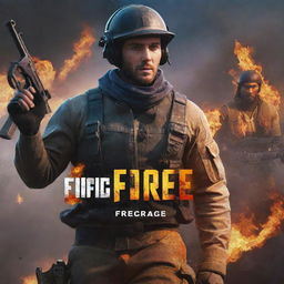 YouTube thumbnail focused on 'Free Fire' game elements, including in-game characters, landscapes, and items. Overlay the bold text 'AWM MONTAGE'. Invoke a dynamic, gaming environment with vibrant colors and energy for optimal appeal