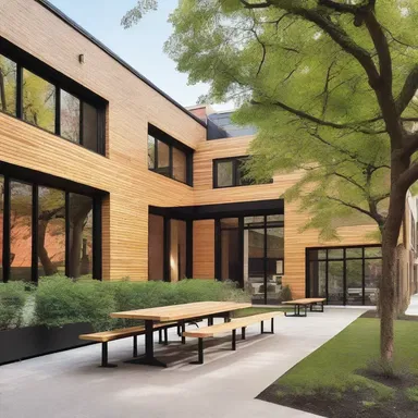 The architect decided to design an extemporaneous outdoor seating area that complemented the existing building, without any prior planning or sketches.