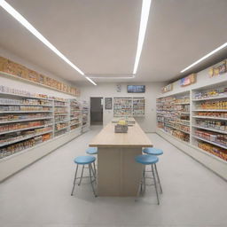 A modern canteen design inspired by the layout of Indomaret Point, showcasing clean lines, bright but soothing lighting, organized shelving of diverse food options, and a comfortable dining area.