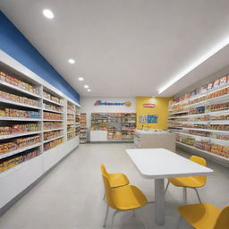 A modern canteen design inspired by the layout of Indomaret Point, showcasing clean lines, bright but soothing lighting, organized shelving of diverse food options, and a comfortable dining area.