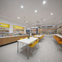 A modern canteen design inspired by the layout of Indomaret Point, showcasing clean lines, bright but soothing lighting, organized shelving of diverse food options, and a comfortable dining area.