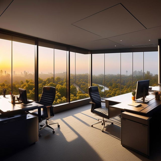 A state-of-the-art, modern office cabin offering sleek furnishings, cutting-edge technology, and expansive windows ushering in abundant natural light.