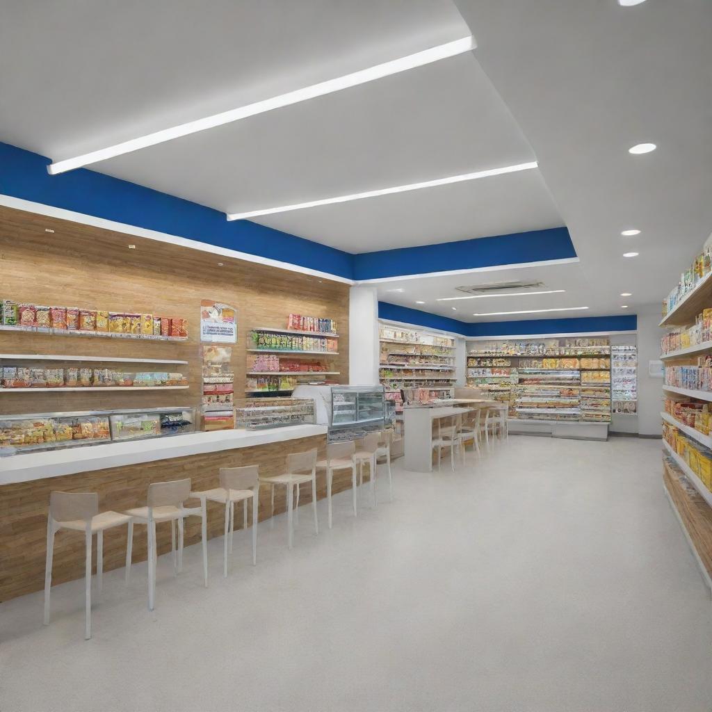 A modern canteen design inspired by the layout of Indomaret Point, showcasing clean lines, bright but soothing lighting, organized shelving of diverse food options, and a comfortable dining area.