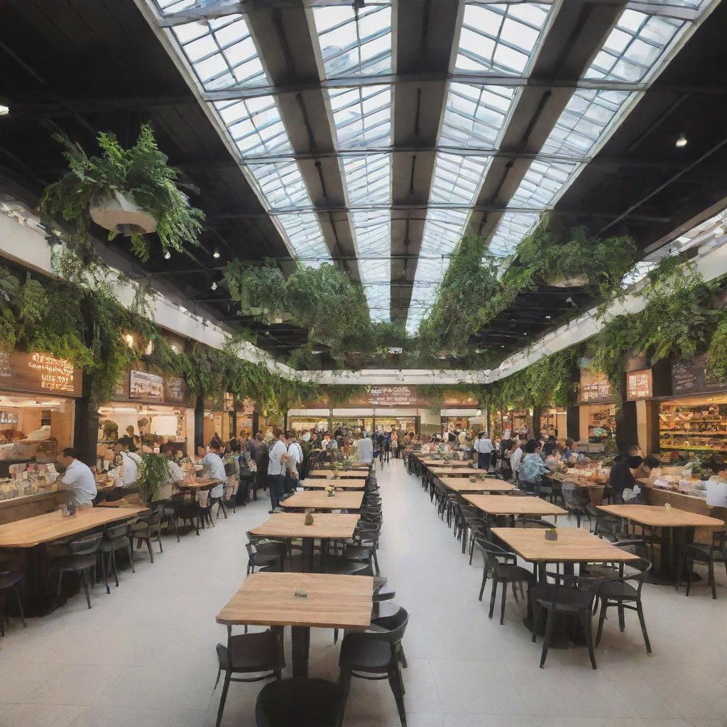 A large spacious food court featuring an array of diverse food stalls with vibrant signage, communal seating in the center, natural lighting from skylights, and greenery accents for a refreshing feel.