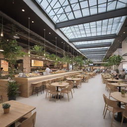 A large spacious food court featuring an array of diverse food stalls with vibrant signage, communal seating in the center, natural lighting from skylights, and greenery accents for a refreshing feel.