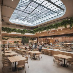 A large spacious food court featuring an array of diverse food stalls with vibrant signage, communal seating in the center, natural lighting from skylights, and greenery accents for a refreshing feel.