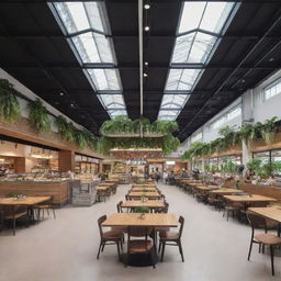 A large spacious food court featuring an array of diverse food stalls with vibrant signage, communal seating in the center, natural lighting from skylights, and greenery accents for a refreshing feel.