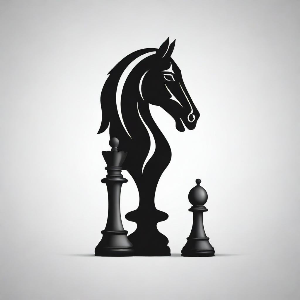 Create a black and white 2D logo featuring a horse chess piece.