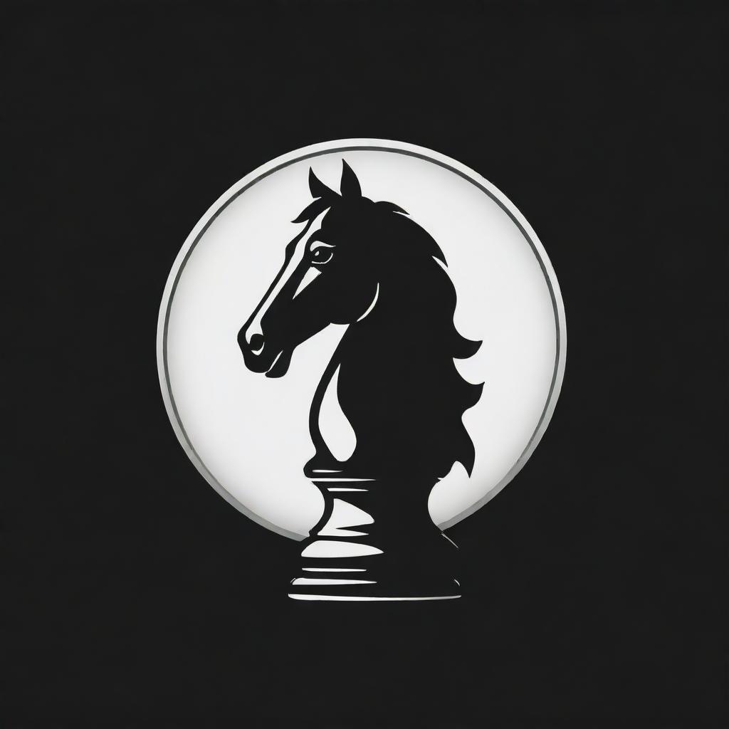 Create a black and white 2D logo featuring a horse chess piece.