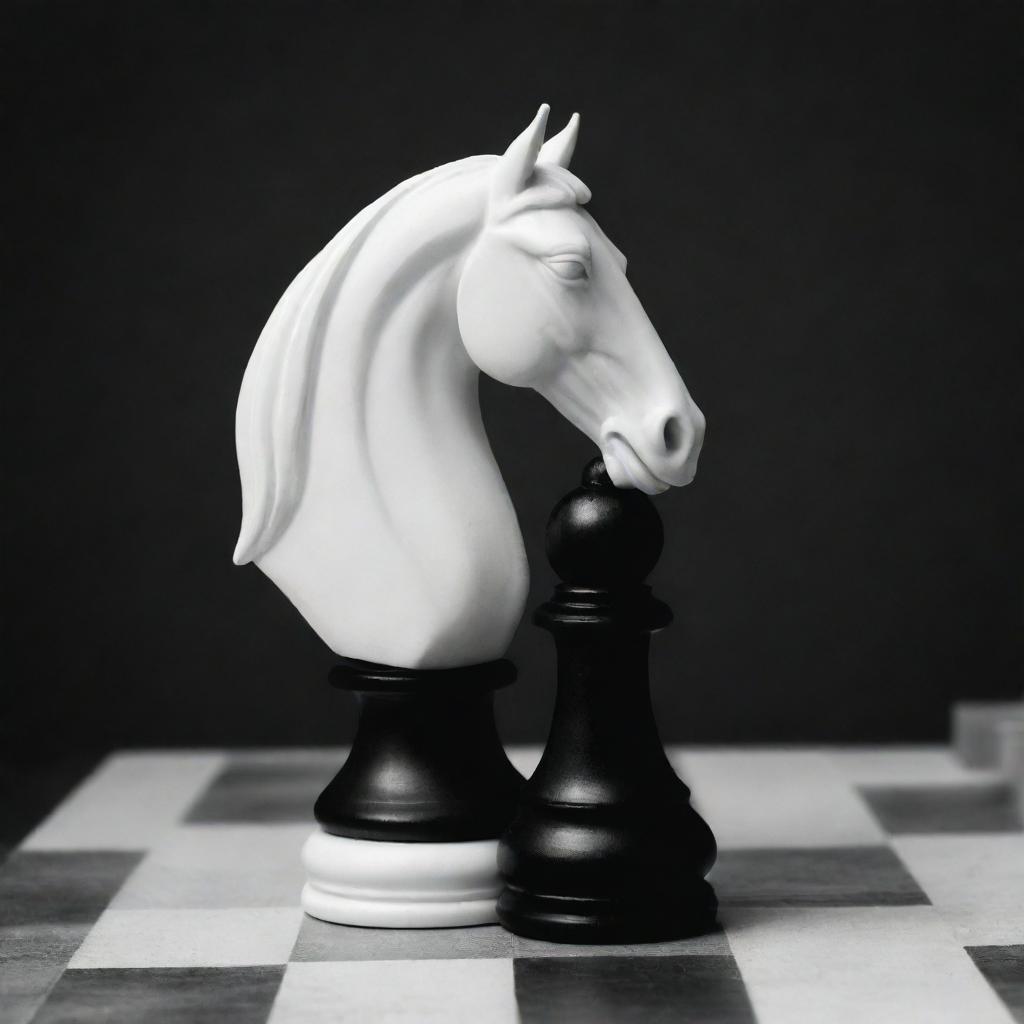 Create a black and white 2D logo featuring a horse chess piece.