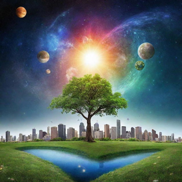 Digital art representing various elements of life including nature, cityscapes, abstract concepts, technology, and the cosmos.