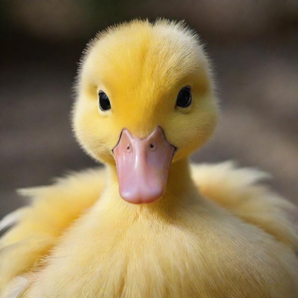 An adorably cute duck, with soft yellow feathers, big round eyes, and a friendly, inquisitive expression.