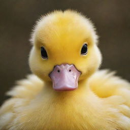 An adorably cute duck, with soft yellow feathers, big round eyes, and a friendly, inquisitive expression.