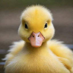 An adorably cute duck, with soft yellow feathers, big round eyes, and a friendly, inquisitive expression.