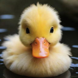 The cutest duck possible, featuring soft, fluffy yellow feathers, twinkling eyes full of joy, a tiny orange beak, and an extra level of irresistible charm that sets it apart from all other ducks.