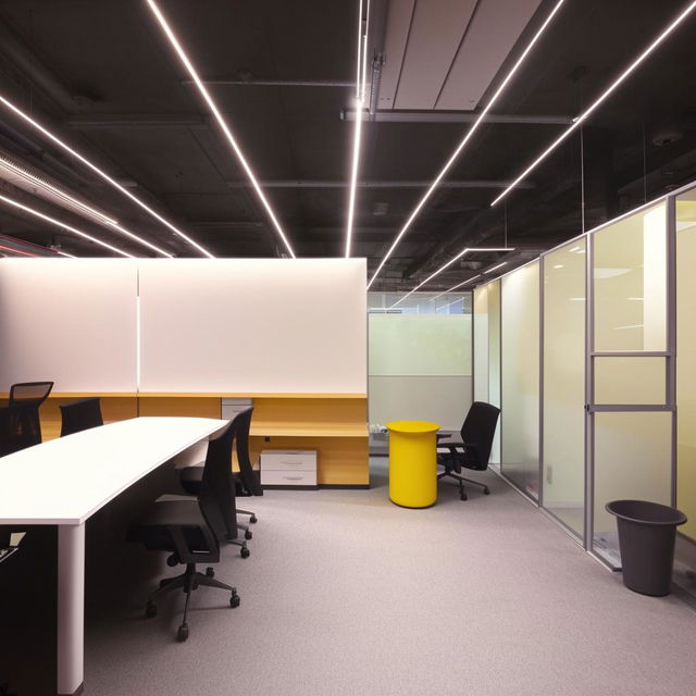 Design a modern, comfortable office seating space that fits into an area of 11ft by 20ft. The design should include office chairs, tables, and potential room partitions while ensuring optimal use of the space.