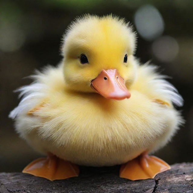 The cutest duck possible, featuring soft, fluffy yellow feathers, twinkling eyes full of joy, a tiny orange beak, and an extra level of irresistible charm that sets it apart from all other ducks.