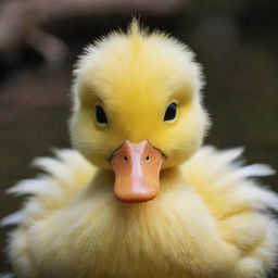 The cutest duck possible, featuring soft, fluffy yellow feathers, twinkling eyes full of joy, a tiny orange beak, and an extra level of irresistible charm that sets it apart from all other ducks.