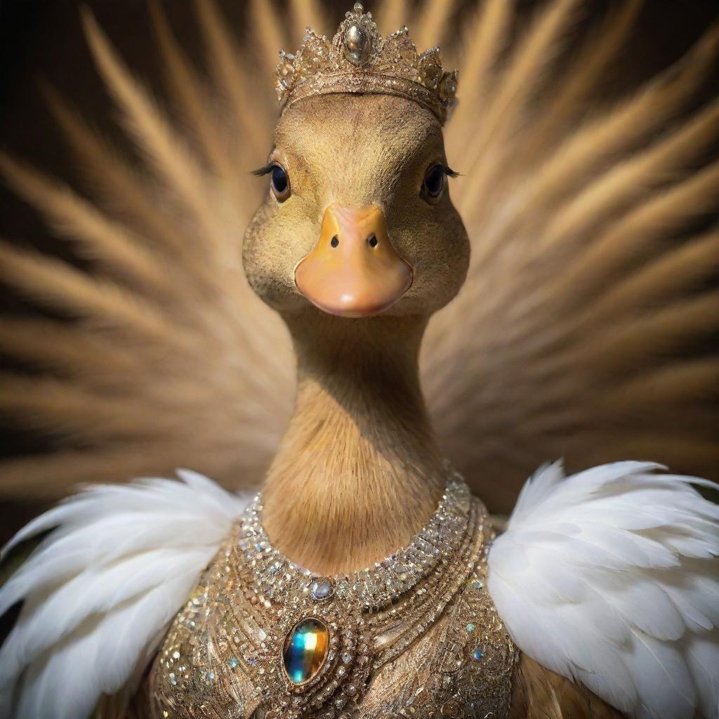 A duck transformed into a goddess, with regal, golden feathers, divine aura and eyes glowing with wisdom.