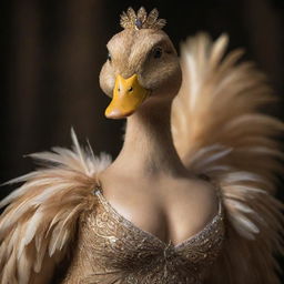 A duck transformed into a goddess, with regal, golden feathers, divine aura and eyes glowing with wisdom.