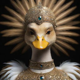 A duck transformed into a goddess, with regal, golden feathers, divine aura and eyes glowing with wisdom.