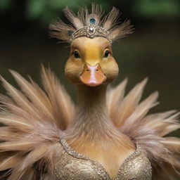 A duck transformed into a goddess, with regal, golden feathers, divine aura and eyes glowing with wisdom.