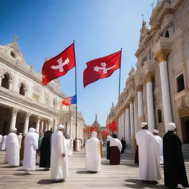 During the holy procession, the flags on the poles luff gently in the breeze.